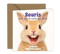 Edition Colibri Carte d'anniversaire - Illustration de lapin souriant | Carte pliée (15x15 cm) - avec enveloppe kraft - Intérieur vierge