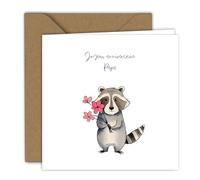 Edition Colibri Carte d'anniversaire - Illustration d'un raton laveur tenant des fleurs, style doux et coloré, pour Papa | Carte pliée (15x15 cm) - avec enveloppe kraft - Intérieur vierge