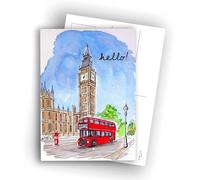 Edition Colibri Cartes postales londoniennes - Illustration aquarelle de Big Ben et bus à deux étages - « Hello » | Lot de 10 cartes plates (A6) - Dos inscriptible