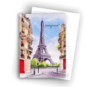 Edition Colibri Paris Postcards - Eiffel Tower Watercolour Illustration - Bonjour | Pack of 10 Flat Cards (A6) - Back to Write On