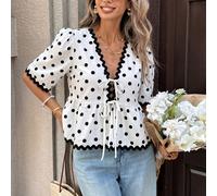 Édition d'été : Blouse bleue à col V français - Ornée de manches bouffantes, de bordures en dentelle festonnée, de broderies délicates et d'un cordon de serrage, ce top court flatteur pour la taille r
