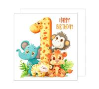Edition Seidel Carte carrée de qualité supérieure pour 1er anniversaire avec enveloppe. Carte de vœux Happy Birthday pour garçon fille fils enfant motif animaux (GQ193 SW024)