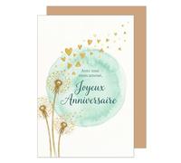 Edition Seidel carte d’anniversaire premium avec enveloppe. Carte de vœux carte double avec message Joyeux anniversaire pour homme femme amis appréciation amour cœurs dorés pissenlits (G4157 SW026)