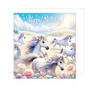 Edition Seidel Carte d'anniversaire carrée de qualité supérieure avec enveloppe. Carte de vœux Happy Birthday pour la fille les filles enfant motif chevaux (GQ269 SW024)