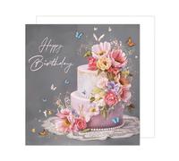 Edition Seidel Carte d'anniversaire carrée premium avec enveloppe. Carte de joyeux anniversaire pour épouse et petite amie, gâteau rose, fleurs et papillons (GQ288 SW024)