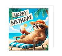 Edition Seidel Carte d'anniversaire carrée premium avec enveloppe. Carte de joyeux anniversaire pour homme et femme, Sloth Beach Drink Funny Humor (GQ308 SW024)