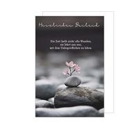 Edition Seidel Carte de condoléances de qualité supérieure avec enveloppe - Carte de condoléances avec inscription en allemand - Motif fleur et pierre (T1151 SW024)