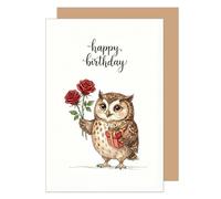 Edition Seidel Carte de vœux d'anniversaire de qualité supérieure avec enveloppe. Carte de vœux avec inscription en anglais. Motif chouette et roses. Cadeau d'amour pour homme et femme (G3890 SW026)