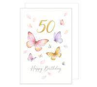 Edition Seidel Carte de vœux XXL Maxi pour 50e anniversaire avec enveloppe format A4. Carte de vœux, pliante, avec inscription en anglais « Happy Birthday » et motif de papillon (A4-G1049)