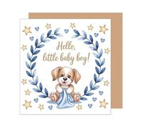 Edition Seidel EQ133 SW025 Carte de vœux de naissance carrée de qualité supérieure avec enveloppe - Carte de vœux pour bébé avec texte en anglais « Welcome » pour bébé, enfant, garçon, chien, chiot