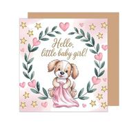 Edition Seidel EQ135 SW025 Carte de vœux de naissance carrée, de qualité supérieure, avec enveloppe, texte en anglais « Welcome », pour bébé, fille, chien, rose