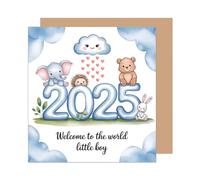 Edition Seidel EQ138 SW025 Carte de vœux de naissance carrée, de qualité supérieure, avec enveloppe, texte en anglais « Welcome Baby Kind » Motif animaux Bleu