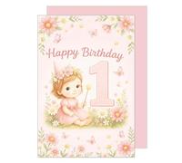 Edition Seidel G4130 SW026 Carte de vœux pour 1er anniversaire avec enveloppe Motif fée anglaise et fleurs Baguette magique