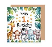 Edition Seidel GQ526 SW025 Carte de vœux carrée de qualité supérieure pour 1er anniversaire avec enveloppe Inscription en anglais Happy Birthday Billet Carte pour fille garçon enfant Animaux