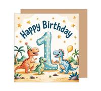 Edition Seidel GQ529 SW025 Carte d'anniversaire carrée de qualité supérieure avec enveloppe pour 1er anniversaire d'enfant Motif dinosaure