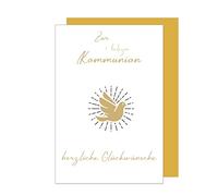 Edition Seidel KO283 SW023 Carte de vœux de communion de qualité supérieure avec enveloppe - Carte de vœux pour communion - Pour la 1ère communion - Colombe dorée - Garçon fille