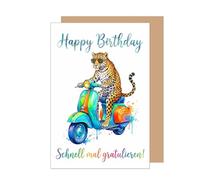 Edition Seidel Premium carte d'anniversaire avec enveloppe. Carte de vœux pliée avec texte en allemand pour homme femme amis cool coloré léopard scooter (G4196 LBW26)