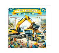 Edition Seidel Premium Carte d'anniversaire carrée de qualité supérieure avec enveloppe. Carte de voeux Happy Birthday pour garçon enfant fils chantier de construction pelleteuse (GQ273 SW024)