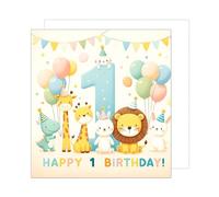 Edition Seidel Premium Carte d'anniversaire carrée de qualité supérieure pour 1e anniversaire avec enveloppe. Carte de vœux Happy Birthday pour fille garçon enfant animaux (GQ258 SW024)