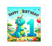 Edition Seidel Premium Carte d'anniversaire carrée de qualité supérieure pour 1e anniversaire avec enveloppe. Carte de vœux Happy Birthday pour garçons et filles motif dinosaure (GQ260 SW024)