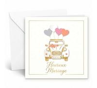Edition Seidel Premium Carte de mariage carrée avec enveloppe. Carte de mariage Heureux Mariage en français pour couple voiture ballons en forme de cœur (HQ259 SW026)