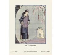 EDITORIAL Le Belv d re. Le Belvédère. Robe-manteau de Worth. Dress-coat by Worth. Illustration de mode art déco par l'artiste français George Barbier 1882-1932. L'œuvre a été créée pour la Gazette du
