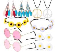 Edmirfun 12 Pièces Double Accessoire de Déguisements Hippie année 70 80 Femme, Avec un Collier Avec Signe de la Paix, Bracelets,etc, Parfait pour les Raves Parties sur le Thème des Années 70 80