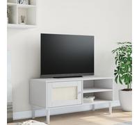 EDNRSOG Meuble TV SENJA aspect rotin blanc 106 x 40 x 49 cm en pin massif avec vernis UV, 3 compartiments et 1 porte, meuble TV moderne Mid-Century