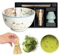 Edo Lot de 4 bols à matcha japonais d'origine avec balai et cuillère Emballage cadeau japonais avec balai à matcha, balai, fouet à matcha, cuillère en bambou Chashaku (Kawaii, Blue Cats)