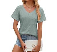 EDOTON Femmes Blouse Courtes col en V T-Shirts Casual Automne Solide Couleur Creuse à Manches Bulles Tricot Lâche Chemisiers Femmes T-Shirts (XXL,X Vert foncé)