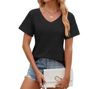 EDOTON Femmes Blouse Courtes col en V T-Shirts Casual Automne Solide Couleur Creuse à Manches Bulles Tricot Lâche Chemisiers Femmes T-Shirts (XXL,X Noir)