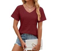 EDOTON Femmes Blouse Courtes col en V T-Shirts Casual Automne Solide Couleur Creuse à Manches Bulles Tricot Lâche Chemisiers Femmes T-Shirts (XXL,X Vin Rouge)