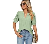 EDOTON Femmes Blouse Courtes col en V T-Shirts Casual Été Solide Couleur Creuse à Manches Bulles Tricot Lâche Chemisiers Femmes T-Shirts (XXL,A Vert Clair)