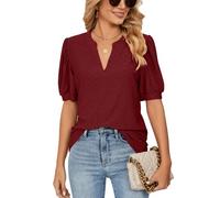 EDOTON Femmes Blouse Courtes col en V T-Shirts Casual Été Solide Couleur Creuse à Manches Bulles Tricot Lâche Chemisiers Femmes T-Shirts (XXL,A Vin Rouge)