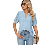 EDOTON Femmes Blouse Courtes col en V T-Shirts Casual Été Solide Couleur Creuse à Manches Bulles Tricot Lâche Chemisiers Femmes T-Shirts (XXL,A Bleu Ciel)