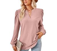 EDOTON Femmes Blouse Longues col en V T-Shirts Casual Automne Solide Couleur Creuse à Manches Bulles Tricot Lâche Chemisiers Femmes T-Shirts (XXL,D Peau Rose)