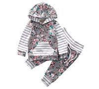 EDOTON Hoodies 2 Pièces Ensemble pour Bébé Fille Pantalons à Capuche Floral Avec des Pantalons Rayés Bébé Automne Tenue Vêtements Sweat-shirt Style (6-12 Mois, Gris)