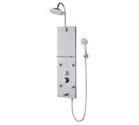 Edouard Rousseau - Colonne de Douche Hydromassante Fatae 2 - Picots Anticalcaire, 4 Sorties de Massage, Bec de Bain, Étagère en Verre - Flexible 1,50 m - Aluminium