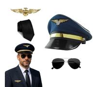 Edozos Chapeau de capitaine de pilote de ligne aérienne, lunettes de soleil, brooche et cravate noire pour adultes et adolescents, cosplay, déguisement de fête à thème