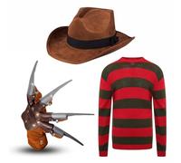 Edozos Costume d'Halloween Freddy Krueger pour homme avec chapeau + griffe de gant + pull à rayures rouge/vert ~ Nightmare on ELM Street Horreur Cosplay Déguisement (L)