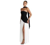 EDQPLL Robe de Demoiselle d'honneur asymétrique en Satin for Femme, Robe de soirée plissée avec Fente, Longue, 2025(Black-White,S)