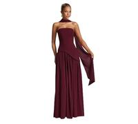 EDQPLL Robe de Demoiselle d'honneur asymétrique en Satin for Femme, Robe de soirée plissée avec Fente, Longue, 2025(Burgundy,L)
