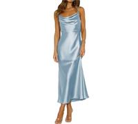 EDQPLL Robe mi-Longue en Satin à Fines Bretelles, Robe de Cocktail Dos Nu, Dos Nu, élégante de soirée froncée à Nouer dans Le Dos for Femme(Light Blue,L)