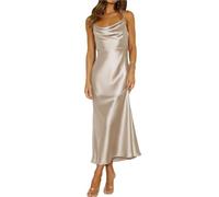 EDQPLL Robe mi-Longue en Satin à Fines Bretelles, Robe de Cocktail Dos Nu, Dos Nu, élégante de soirée froncée à Nouer dans Le Dos for Femme(Silver Grey,XL)