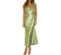 EDQPLL Robe mi-Longue en Satin à Fines Bretelles, Robe de Cocktail Dos Nu, Dos Nu, élégante de soirée froncée à Nouer dans Le Dos for Femme(Light Green,XXL)