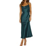 EDQPLL Robe mi-Longue en Satin à Fines Bretelles, Robe de Cocktail Dos Nu, Dos Nu, élégante de soirée froncée à Nouer dans Le Dos for Femme(Navy Blue,S)