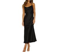 EDQPLL Robe mi-Longue en Satin à Fines Bretelles, Robe de Cocktail Dos Nu, Dos Nu, élégante de soirée froncée à Nouer dans Le Dos for Femme(Black,XL)