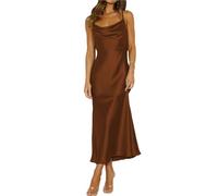 EDQPLL Robe mi-Longue en Satin à Fines Bretelles, Robe de Cocktail Dos Nu, Dos Nu, élégante de soirée froncée à Nouer dans Le Dos for Femme(Coffee Brown,XXL)