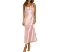 EDQPLL Robe mi-Longue en Satin à Fines Bretelles, Robe de Cocktail Dos Nu, Dos Nu, élégante de soirée froncée à Nouer dans Le Dos for Femme(Pink,XL)
