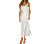 EDQPLL Robe mi-Longue en Satin à Fines Bretelles, Robe de Cocktail Dos Nu, Dos Nu, élégante de soirée froncée à Nouer dans Le Dos for Femme(White,L)